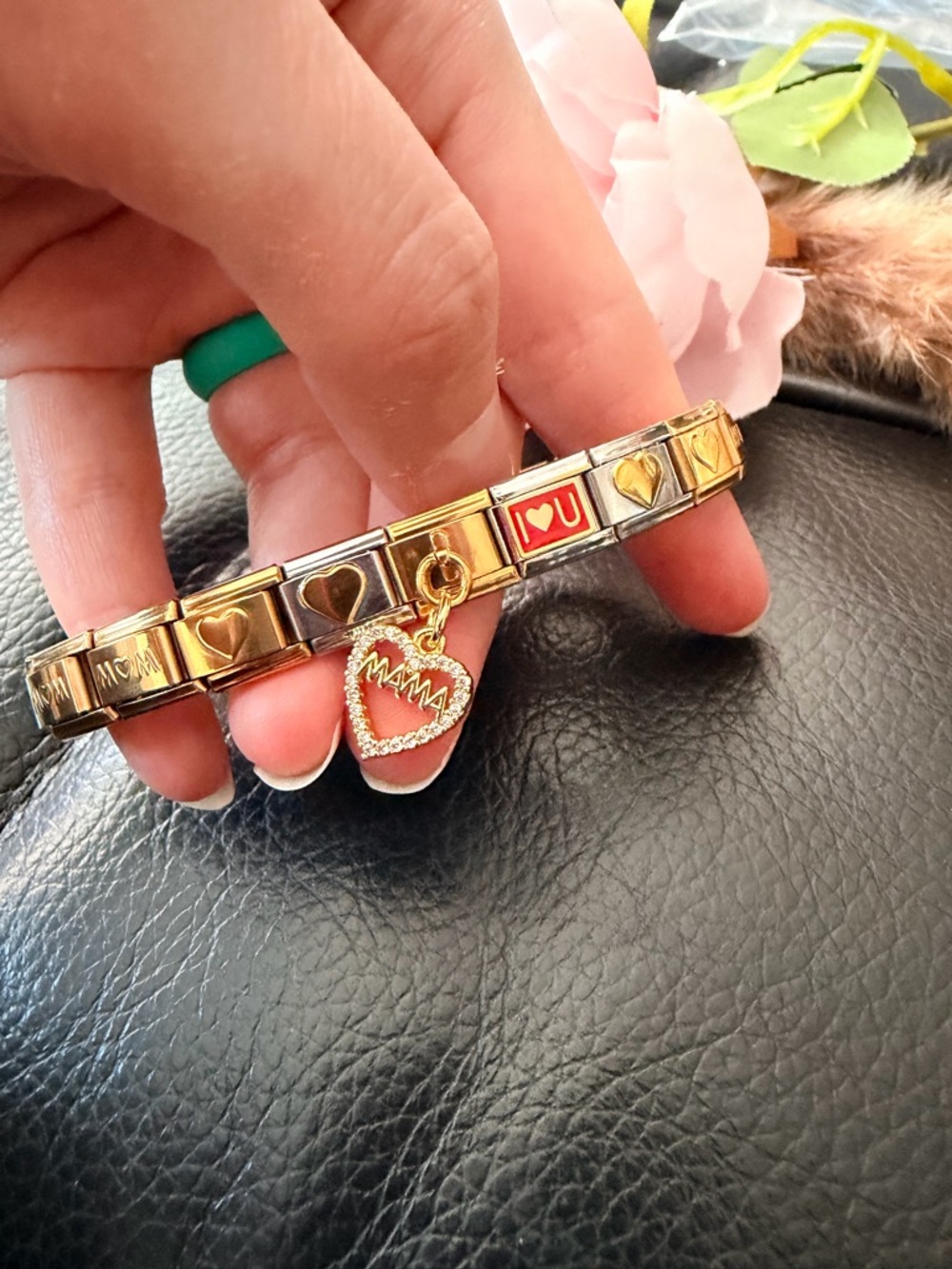 Mama I Love U Italian Charm Bracelet with Mama Heart Dangle – Gold & Silver Tone